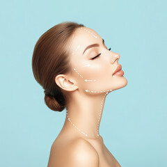 Facial symmetry and skin treatment concepts shown on a woman against a blue background