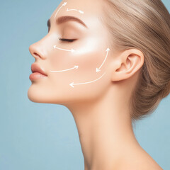 Facial skincare technique demonstration with arrows on a model's face