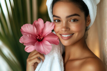 Woman with a flower poses in a spa setting wearing a towel and a relaxed smile