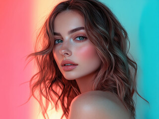 Close-up portrait of a woman with colorful lighting and soft features