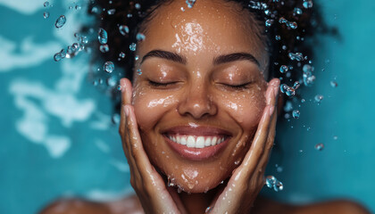 Woman smiling while washing face with water in a pool on a sunny day