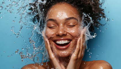 Woman smiling with water splashing on her face against a blue background