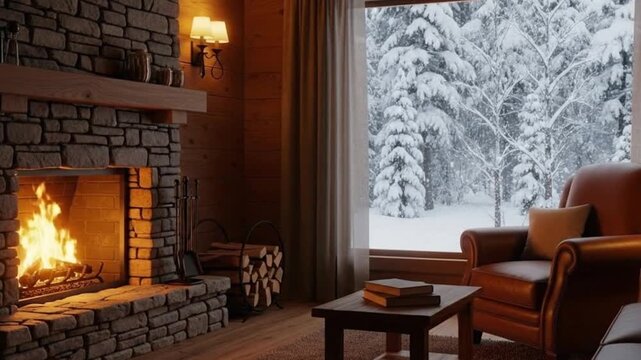 Relaxing cozy winter ambience crackling fireplace warm rustic lodge snowy forest window view comfy armchair books