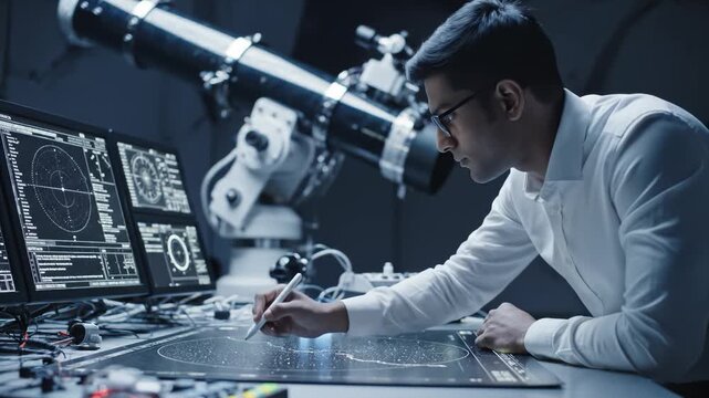 Astronomer Working With Telescope and Computer to Analyze Space Data