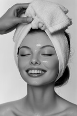 Woman receiving a facial treatment with a towel on her head in a spa setting