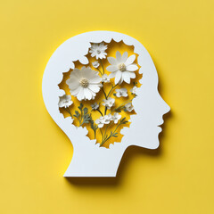 Creative silhouette of a human head with flowers on a bright yellow background