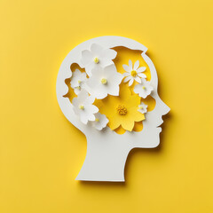Creative silhouette of a head filled with flowers on yellow background