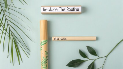 Bamboo eco switch straw on pastel background with leaves