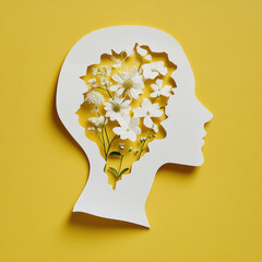 Paper cutout of a human head with flowers on a yellow background