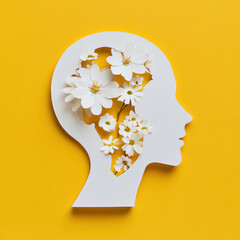 Creative paper cutout of a head filled with white flowers on a yellow background