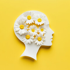 Creative paper cutout of a human head with flowers on a bright yellow background