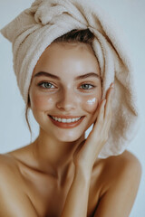 Young woman applying skincare with towel on head in minimalistic setting
