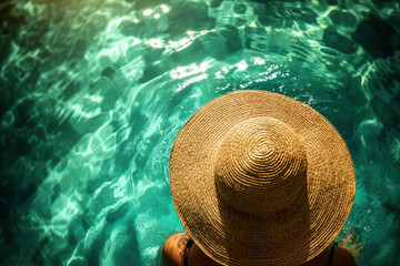 Person wearing a straw hat relaxing by the edge of a swimming pool