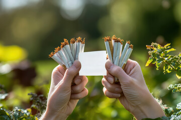 Hands holding multiple rolled tobacco cigarettes with a blank paper in a green setting