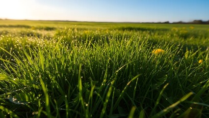 Morning dew drops sparkle on fresh green grass under a golden sky