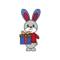 "Cute Gray Bunny with Red Scarf Holding a Gift Box.