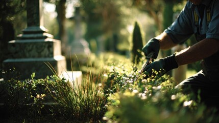 Medium shot capturing a gardener trimming overgrown bushes and grass edges at a grave site emphasizing attentive detail in cemetery upkeep.