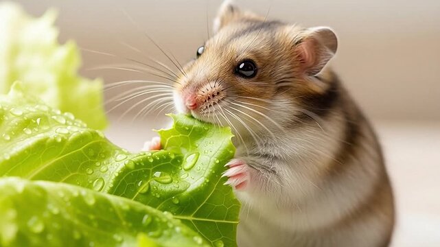 Adorable striped dwarf hamster enjoying a refreshing snack of crisp green lettuce, showcasing its tiny paws and gentle nature while nibbling on the fresh, succulent leaf with visible water droplets