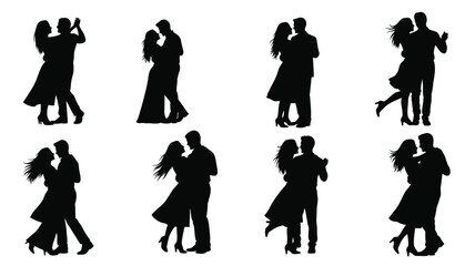 Various couples dancing in romantic poses a captivating black silhouette