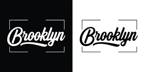 Brooklyn script typography logo design presented in contrasting black and white variations with simple framing elements © Vectyx