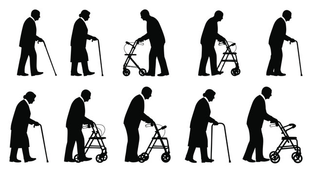 Diverse elderly people using walking aids shown in black silhouette