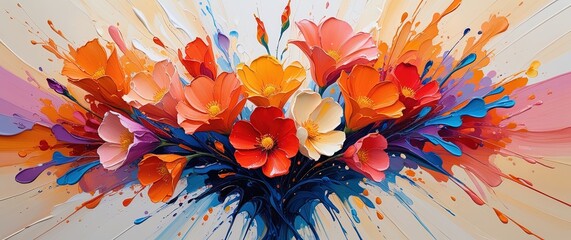 Expressive floral painting: orange, coral, red, purple flowers. Dynamic brushstrokes, splashes on cream, blue, warm background. Impasto, palette knife textures. Wallart, footer, header.
