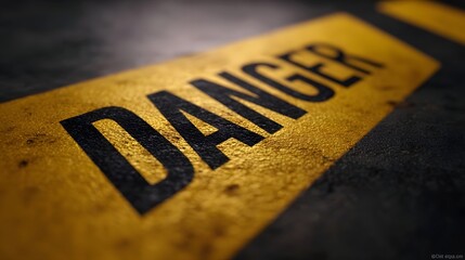 Close up of a distressed yellow warning stripe with bold black letters spelling out  DANGER  indicating a hazardous or restricted zone