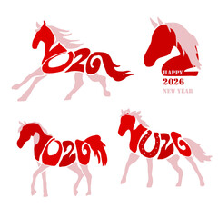 Holiday card Happy New Year 2026. Stylized image of a fire horse according to the Eastern Chinese calendar. Astrological New Year.