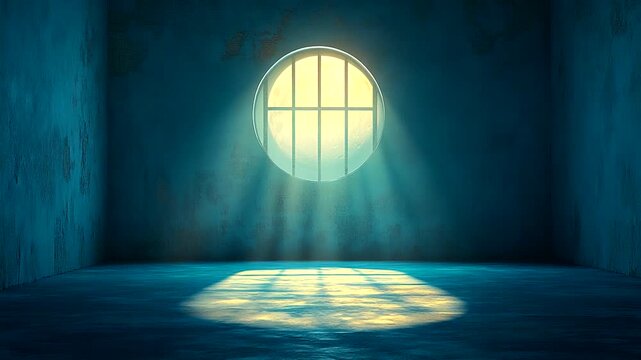 Sunlight streaming through a round window into an empty, dimly lit room