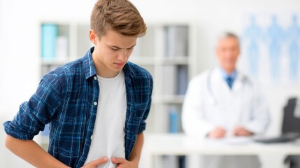 A young man clutches his abdomen, likely experiencing stomach pain, while a blurred doctor looks on in an office setting