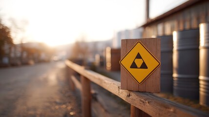 A yellow warning sign with a triangular symbol stands on a rustic wooden post beside a fence bathed in warm sunset light