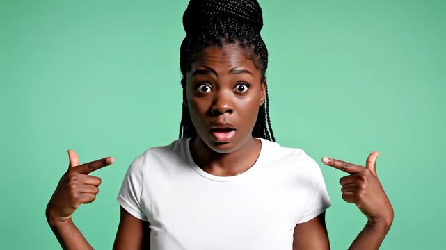 Confused Young African-American Woman Shrugging and Pointing Fingers At Herself, Puzzled Expression