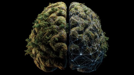 Conceptual image of a brain, split vertically; one side merges with plants, the other with a digital network. Contrasting nature and technology