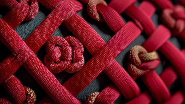 Red Paracord Braiding Pattern Close Up Textured Background Abstract Woven Knot Design Macro Photography DIY Crafting Rope Texture Stylish Backdrop