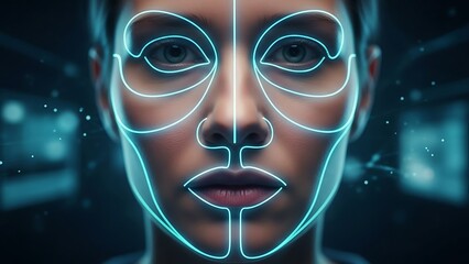 Close Up Of A Woman's Face With Neon Digital Overlay
