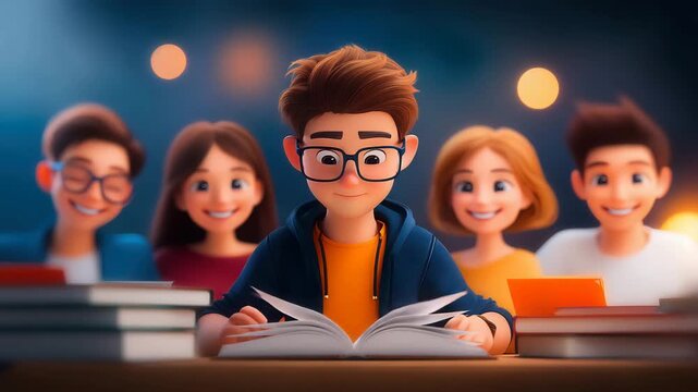 Young student studying with friends in modern classroom setting