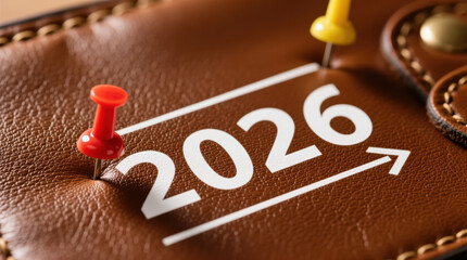 Red pin marks year "2026" on brown leather background. New year greeting card.