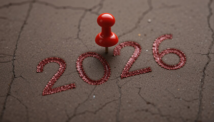 Red pin marks year "2026" on brown leather background. New year greeting card.