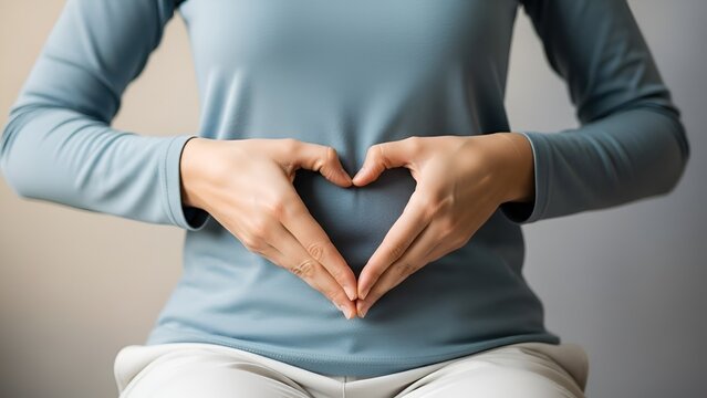 Woman wearing blue shirt making heart shape with hands on her stomach against neutral background.