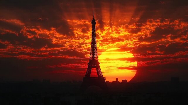Sunset silhouette of Eiffel Tower with vibrant clouds