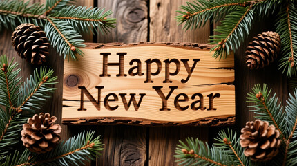 Rustic wooden background with Happy New Year text carved, surrounded by pine cones and branches. 