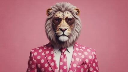 Dapper anthropomorphic lion wearing sunglasses and a pink polka dot suit