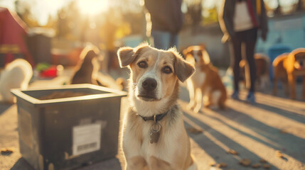 Dog looking up in animal shelter yard at golden hour