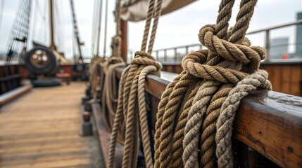 Fototapeta premium Coiled nautical ropes on wooden deck of vintage ship, maritime equipment, sailing background, nautical theme, adventure travel concept, boat maintenance or harbor life illustration