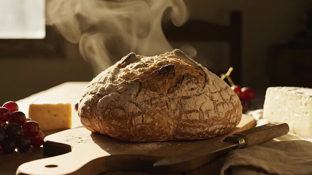 Freshly baked bread with fruit and cheese on wooden cutting board