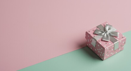A pink polka dot gift box with a silver ribbon sits on a pastel background