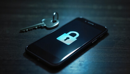 smartphone displaying a lock icon on its screen with a key placed beside it, representing security and privacy in digital communication