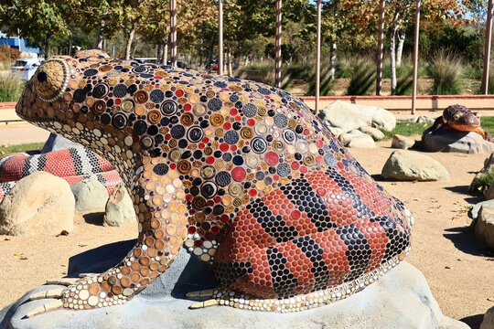Malibu, California &ndash; November 6, 2025: large mosaic sculptures by Robin Indar at Legacy Park, public coastal park in the City of Malibu 