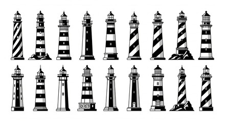 Set of black and white lighthouse illustrations in various designs