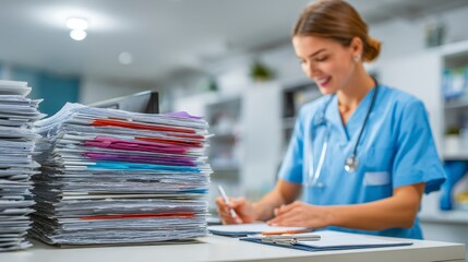 A medical professional, smiling and focused, reviews documents, a large stack to the side. Light-filled office